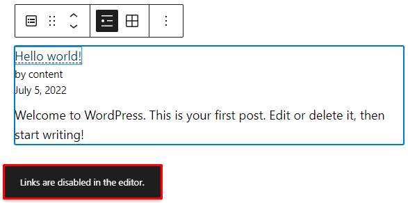 WordPress latest posts block, highlighting the pop-up that appears when users click on the link.