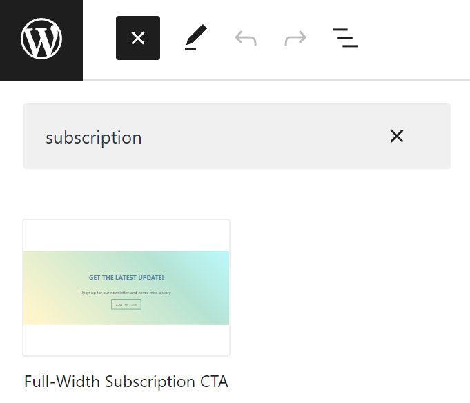 WordPress pattern inserter, showing a registered custom pattern.