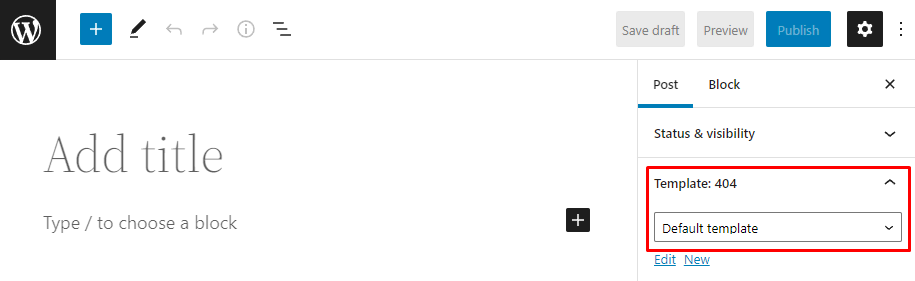 Editor de publicaciones de WordPress que muestra la configuración de la plantilla y la plantilla 404 predeterminada.