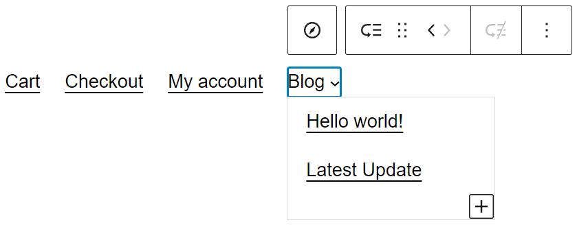 WordPress navigation block with a submenu, showing the inherited style.