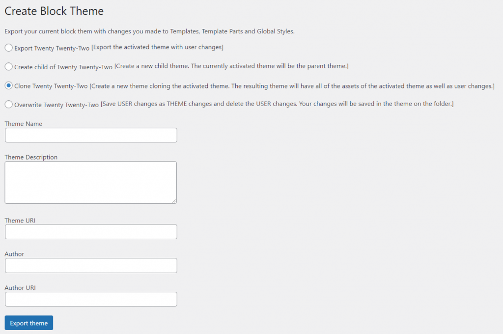 Create Block Theme option fields for editing.