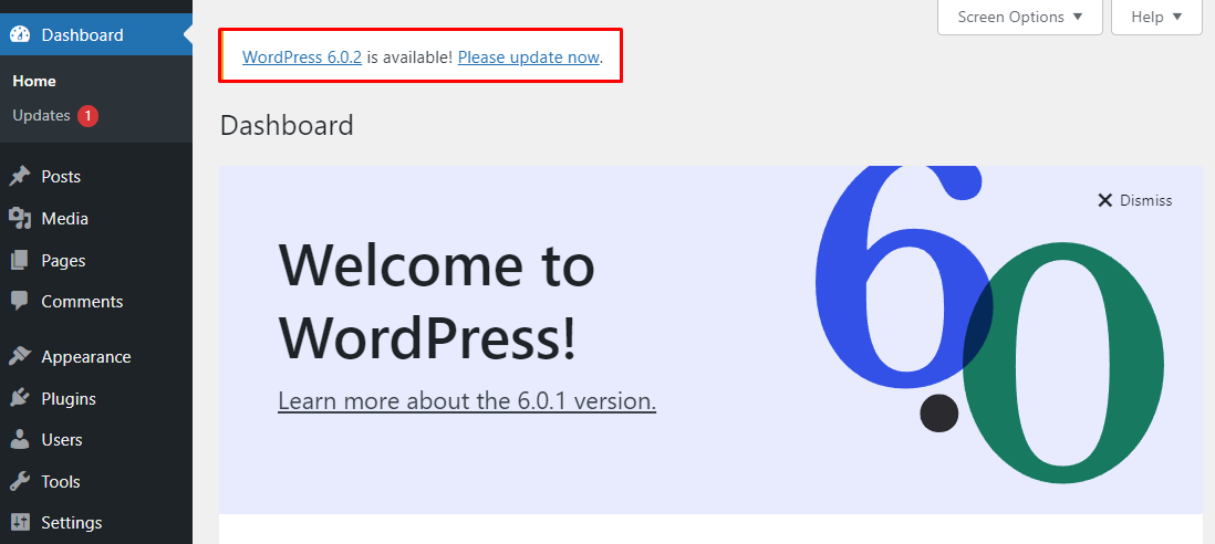 Panel de administración de WordPress con el aviso de actualización resaltado en la parte superior de la pantalla.
