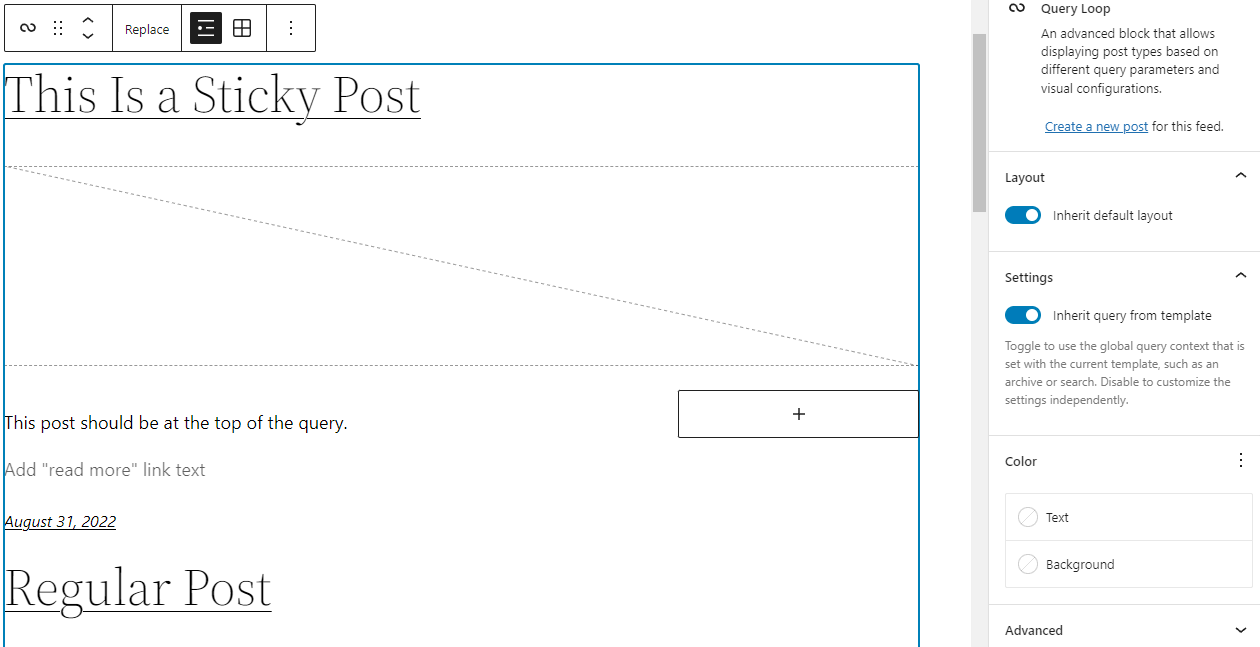 Block editor interface in WordPress 6.0.2 with the inherit query setting enabled, showing the sticky post at the top of the query