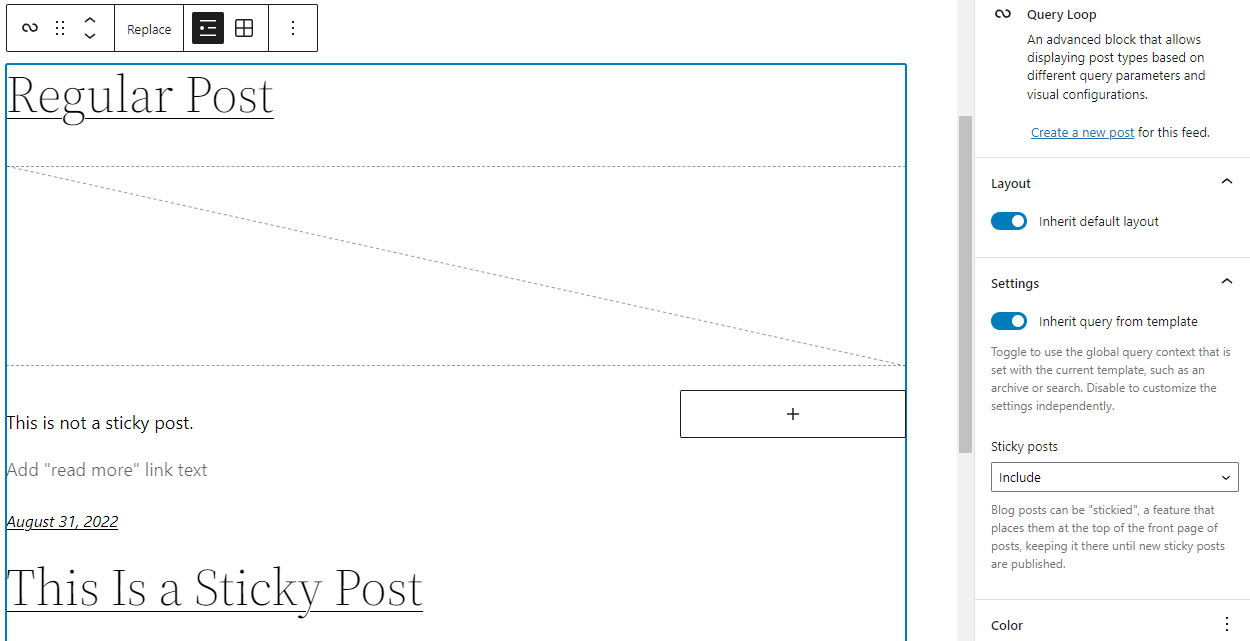 Interfaz del editor de bloques en 6.0.1 con la configuración de consulta heredada habilitada, que muestra el post fijo en la parte superior de la consulta.