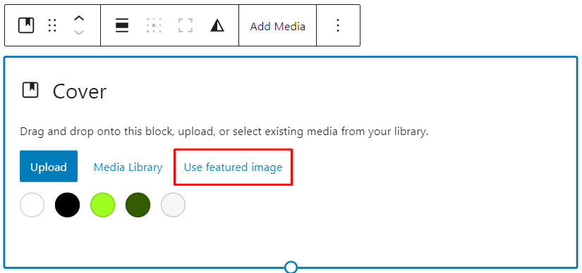 Un marcador de posición de bloque de portada, con la opción de usar imagen destacada resaltada.