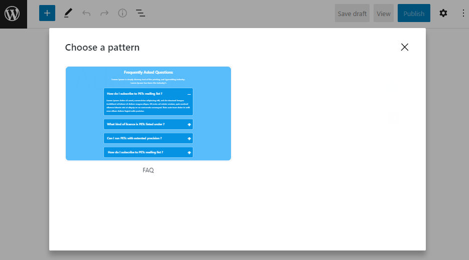 Elige un patrón en la ventana emergente que se abre en WordPress