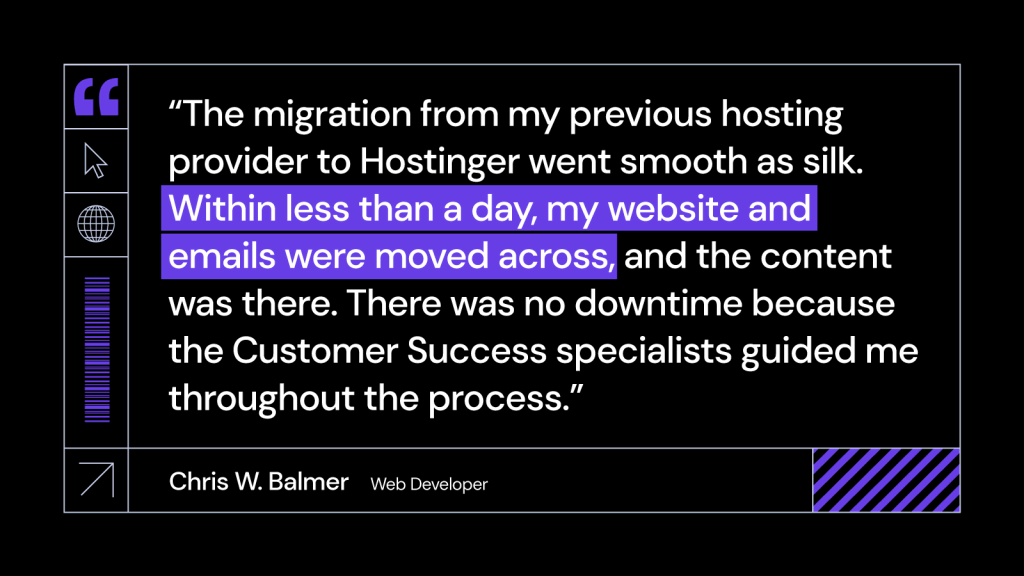 Chris W. Balmer sharing his positive website migration experience with Hostinger, explaining how site and emails were moved within a day with no downtime