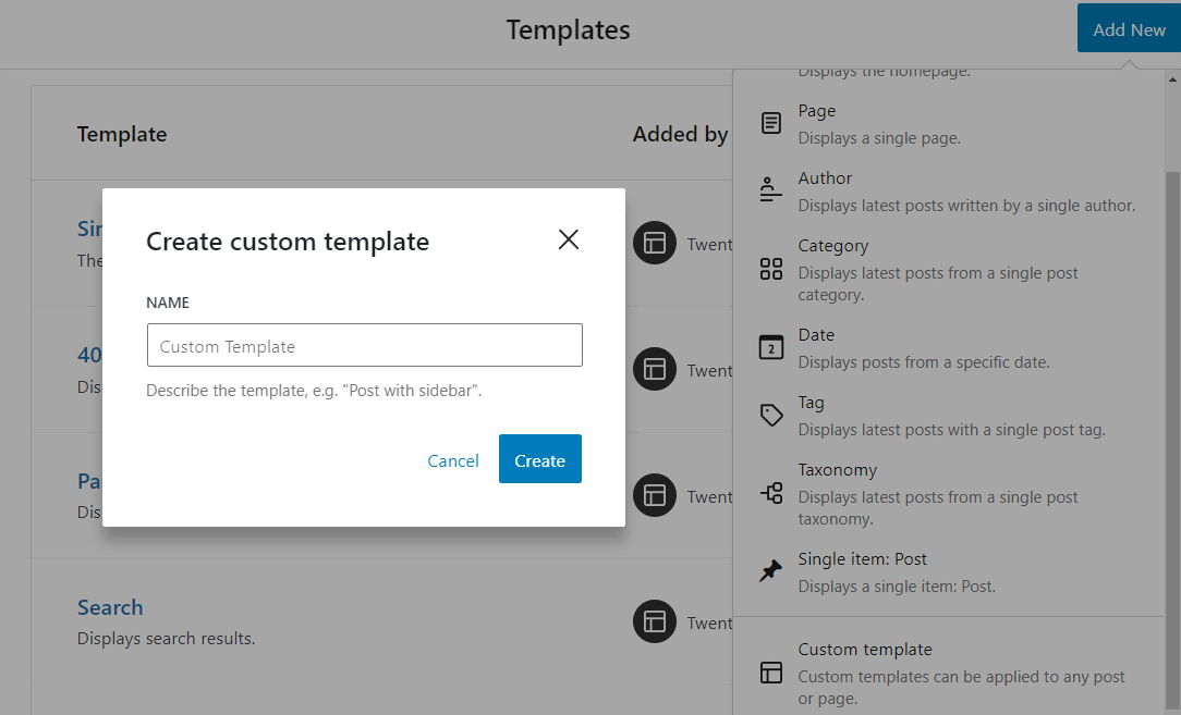 The Create custom template pop-up that lets you name new custom templates