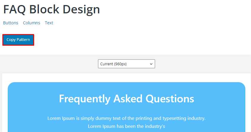 The FAQ Block Design pattern page on the WordPress pattern directory, with the Copy Pattern button highlighted.