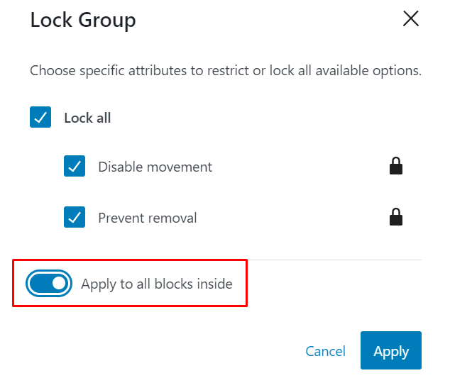 The Lock Group pop-up, with the Apply to all blocks inside option highlighted.