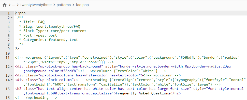 The faq.php file containing the PHP script and the HTML code for the FAQ pattern.