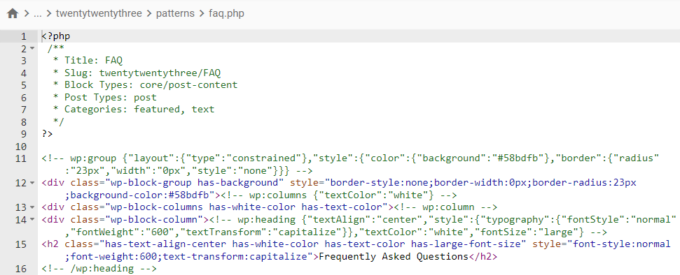 The faq.php file containing the PHP script and the HTML code for the FAQ pattern.