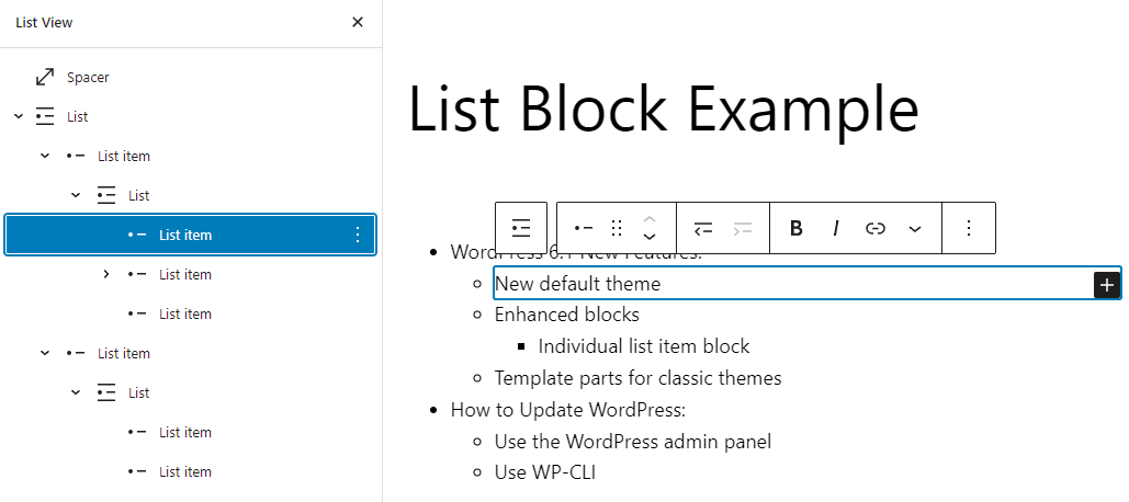 A list block example with the expanded block editor list view, showing individual list item blocks