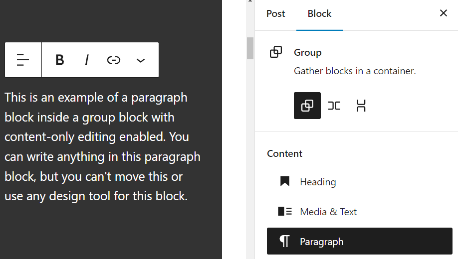 Un bloque de párrafo sin herramientas para mover bloques en su barra de herramientas y el panel de configuración del bloque que muestra la lista de contenido
