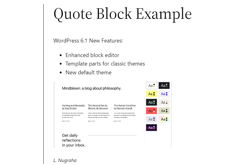 Un ejemplo de bloque de comillas, que muestra un bloque de lista dentro de él