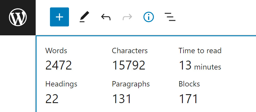 Block editor details panel, showing the content information, including the new time to read information