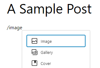 Inserting an image block by typing image in the paragraph block