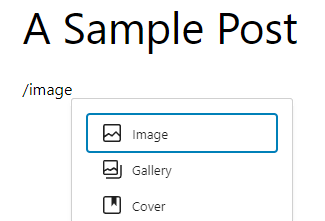 Inserting an image block by typing image in the paragraph block