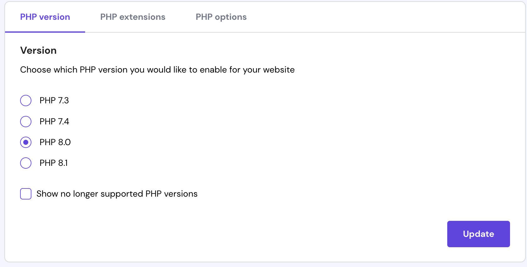 PHP Configuration page, here, users can change the PHP version and manage PHP extensions or options