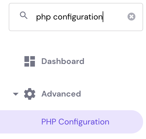 PHP Configuration search results on hPanel. It shows the PHP Configuration section on the side bar