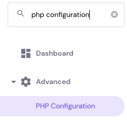 PHP Configuration search results on hPanel. It shows the PHP Configuration section on the side bar