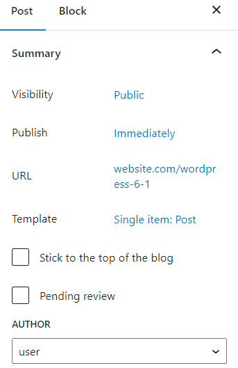 Sección de resumen de la publicación, que muestra la URL de la publicación y la opción de plantilla