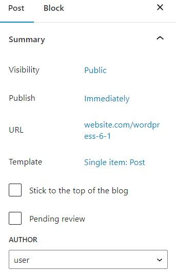 Post summary section, showing the post URL and template option