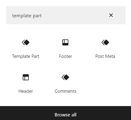 Template part options in the block inserter