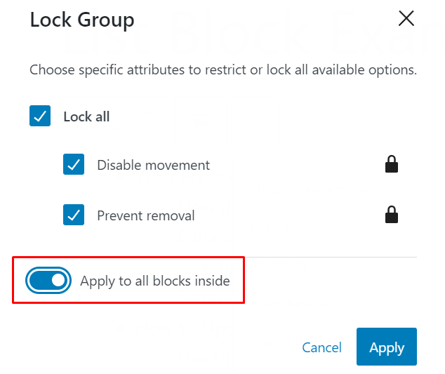 La ventana emergente Bloquear grupo, con la opción Aplicar a todos los bloques dentro resaltada