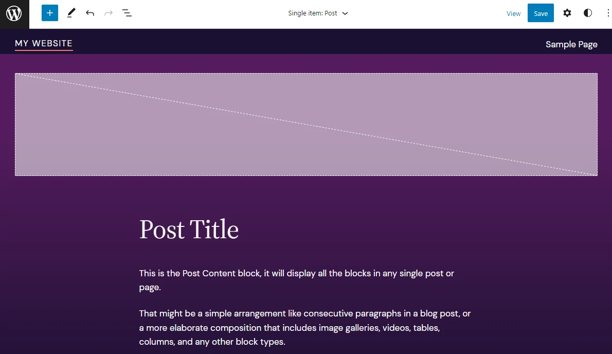 The Single item Post template with pre-defined patterns