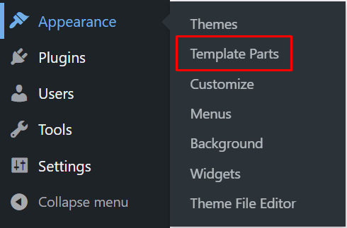 opção Partes de Template no menu do painel Aparência