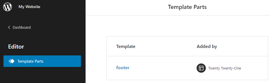 The Template Parts panel, showing the footer template part option