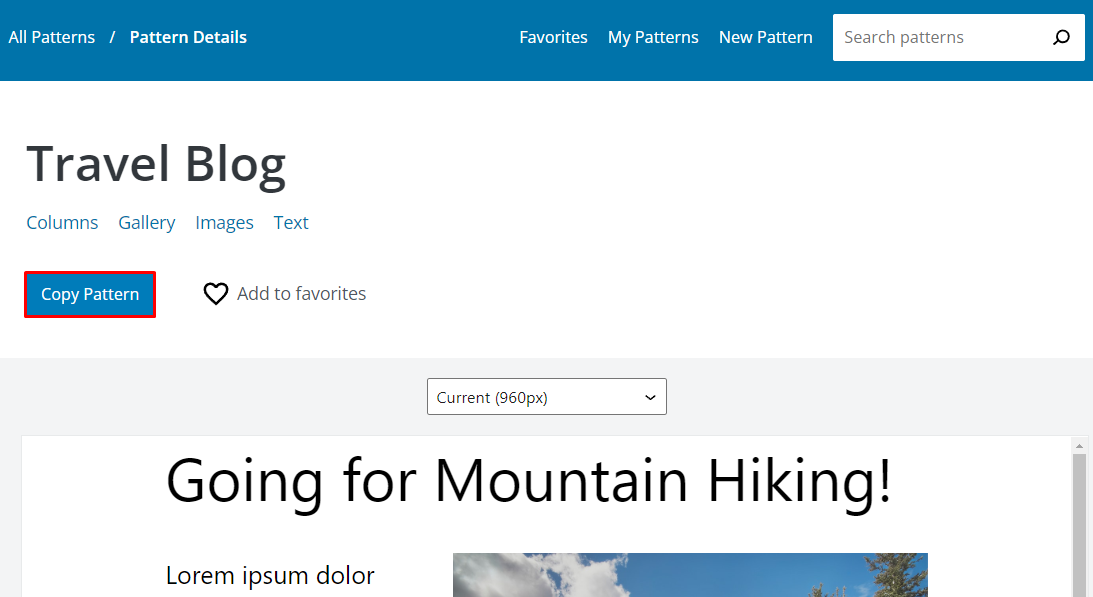 La página de patrones del blog de viajes en el directorio de patrones de WordPress, con el botón Copiar patrón resaltado