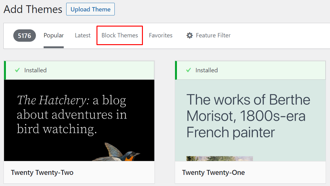 El filtro de temas de bloque en el panel de agregar temas de WordPress