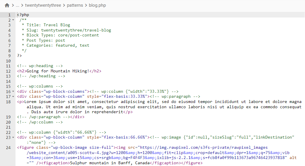 The blog.php file containing the PHP script and the HTML code for the FAQ pattern