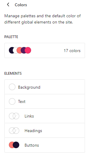 El panel de estilos globales de colores con las nuevas opciones de encabezados y botones