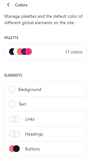 The colors global styles panel with the new headings and buttons options