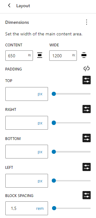 El panel de estilos globales de diseño con la configuración del área de contenido y más configuraciones de relleno