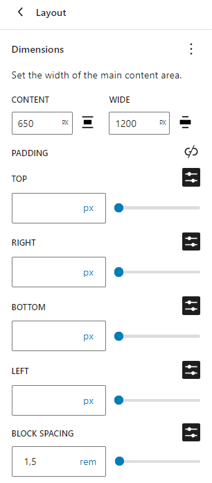 The layout global styles panel with the content area configuration and more padding settings