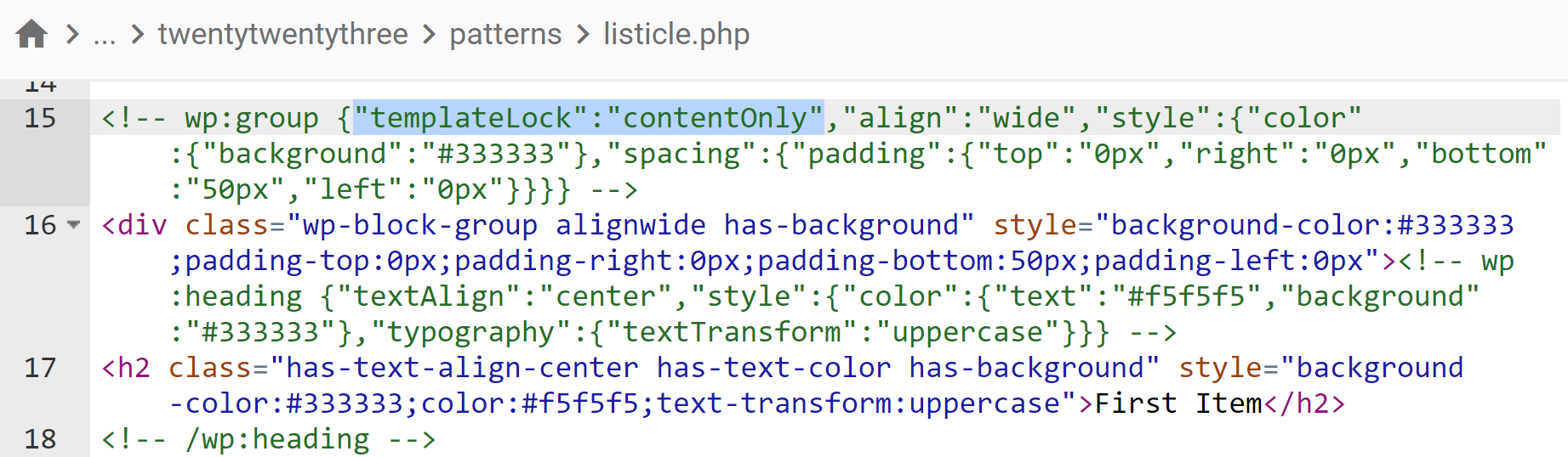 The pattern PHP code, with the templateLock attribute added to a group block