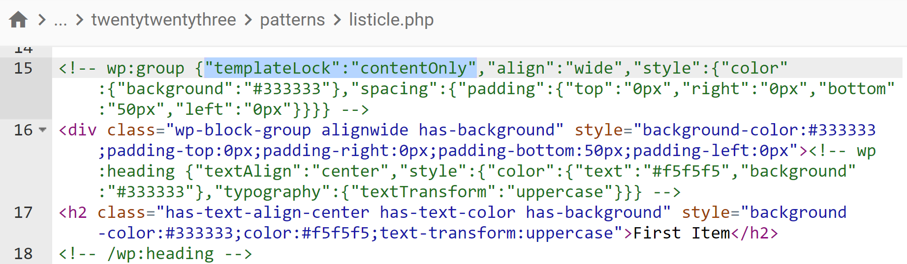 The pattern PHP code, with the templateLock attribute added to a group block