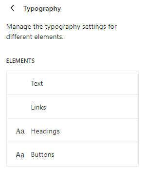 The typography global styles panel with the new headings and buttons options