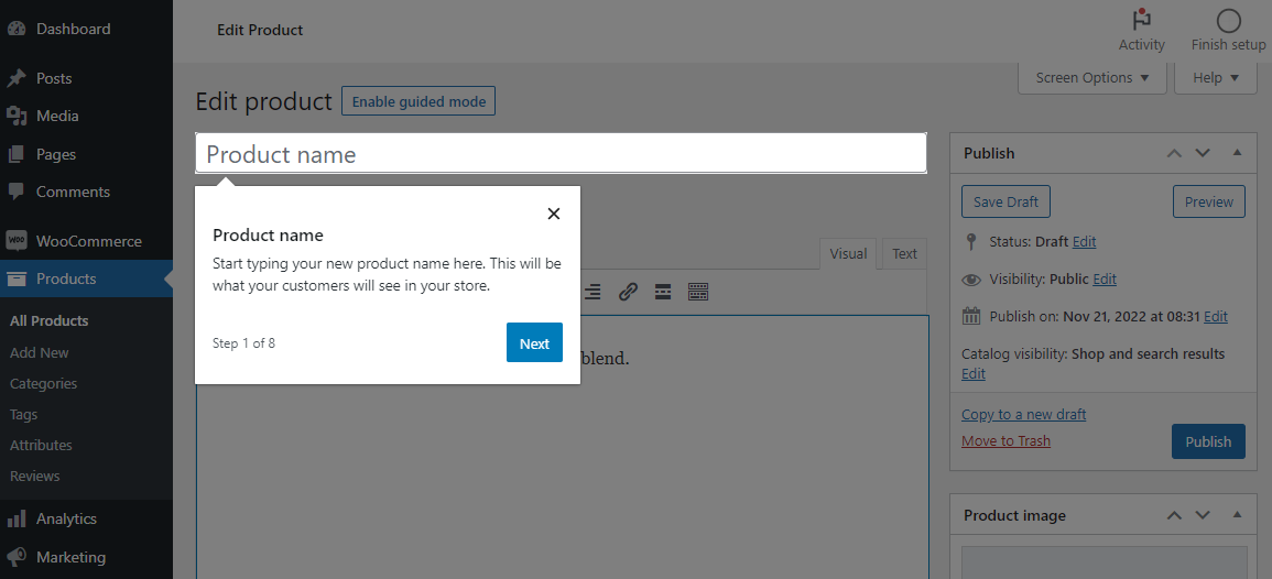 A WooCommerce edit product page with the new guided tour