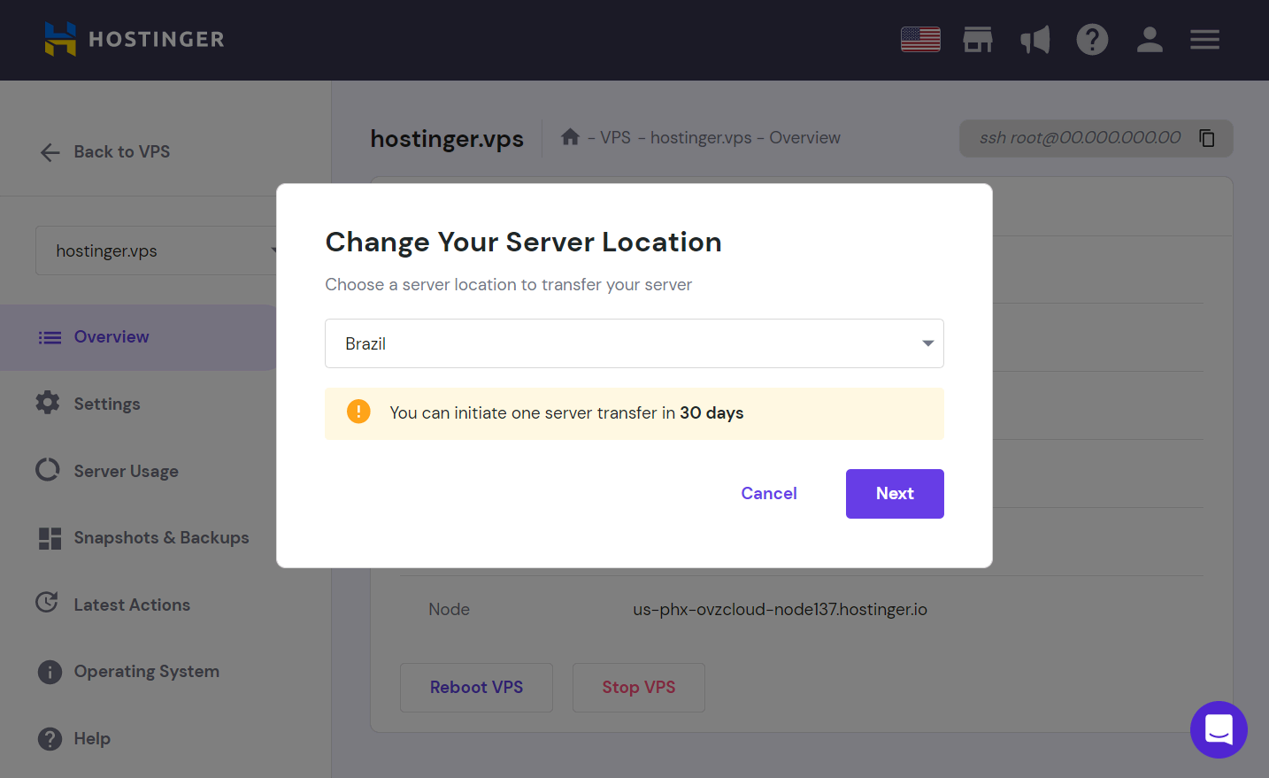 How to change to the Brazilian VPS data center on Hostinger's hPanel