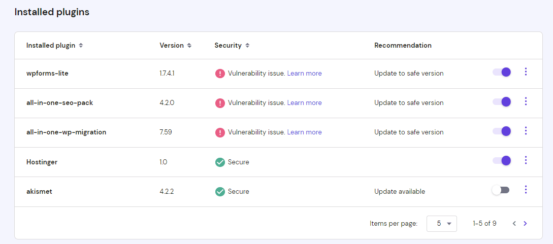 The Installed Plugins section on hPanel