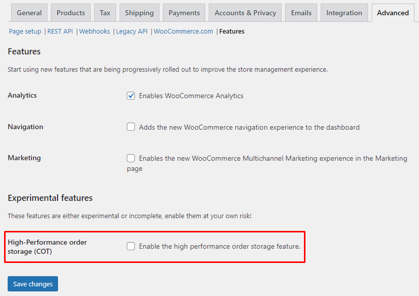 Página de configuración de WooCommerce, que muestra la pestaña Avanzado y la opción para habilitar la función de almacenamiento de pedidos de alto rendimiento