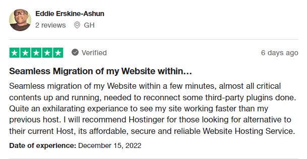 Trustpilot review by Eddie Erskine-Ashun about their positive migration experience at Hostinger