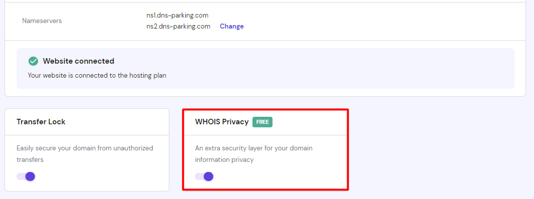 hPanel with the WHOIS Privacy tool highlighted