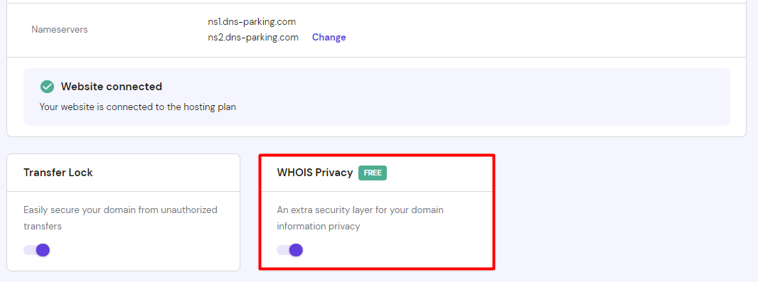 hPanel con la herramienta de privacidad de WHOIS resaltada