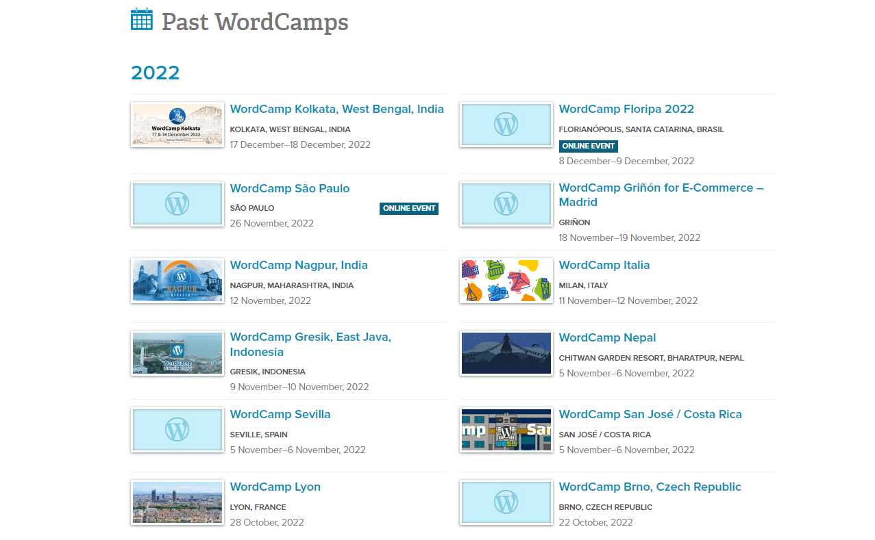 La liste des WordCamps passés en 2022